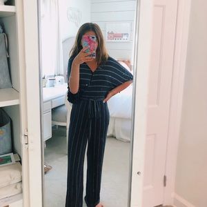 Blue and white striped jumpsuit